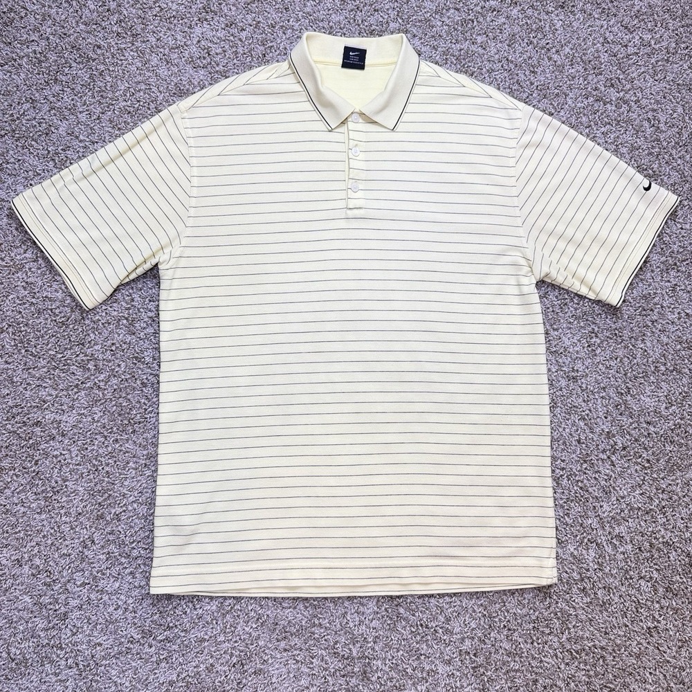 VTG Y2K Nike Golf Mens Large Yellow Navy Stripe Dri Fit Polo Shirt Swoosh 2000s